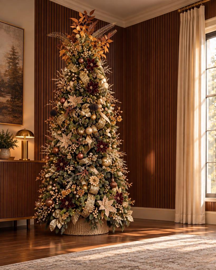 A nine foot Christmas tree in chocolate and caramel tones, with a copper leaf topper and gold mesh ribbon, beside a tall window in a wood-panelled room