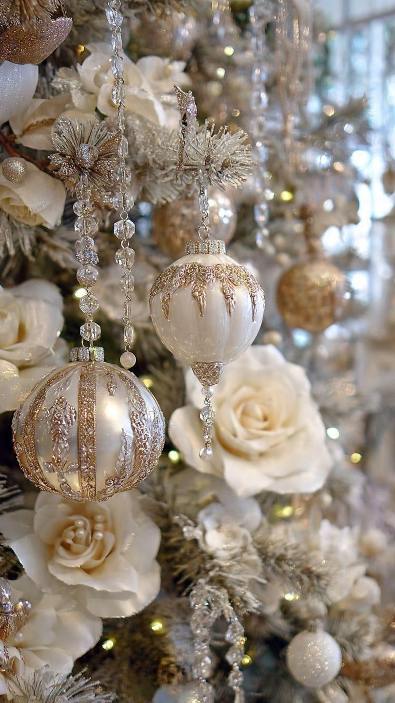Champagne and Ivory palette: ivory roses, pearl and gold ornaments and crystal strands